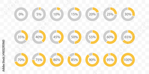 Set of percentage Loading indicator icons. Pie charts isolated on transparent. Progress bar circle. Flat infographic element for financial report, data visual design, business, mobile app, web