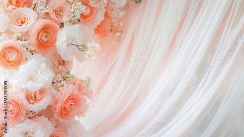 Romantic Floral Backdrop: Pastel Blossoms with Flowing Fabric, Delicate Arrangement for Celebrations