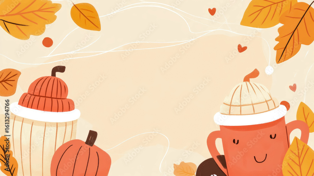 Fototapeta premium Fall Festive: Warm Beverage and Pumpkin Patch Autumnal Delight, Perfect Design for Seasonal Greetings or Cozy Invitations