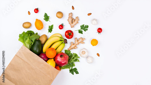 Fresh Organic Groceries in Paper Bag with Healthy Fruits and Vegetables on White Background