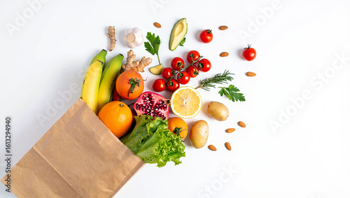 Fresh Organic Groceries in Paper Bag with Healthy Fruits and Vegetables on White Background