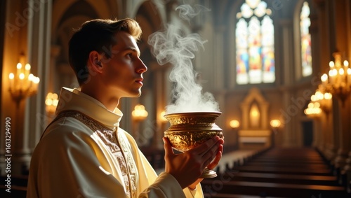 Sacerdote sosteniendo un incensario dorado que libera humo aromático durante una misa solemne en una gran catedral gótica iluminada por candelabros
