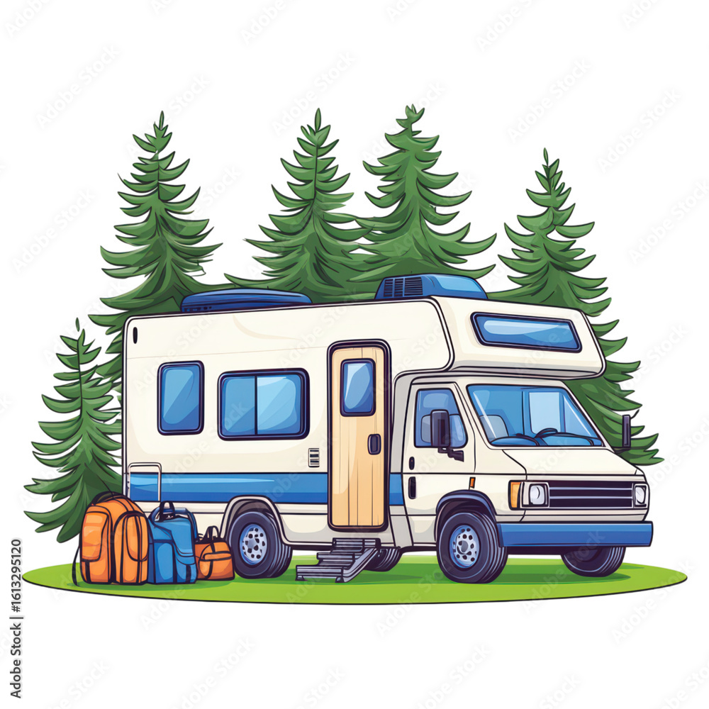 Obraz premium Cozy RV Parked Among Lush Trees in Nature Escape Scene, isolated on transparent background.