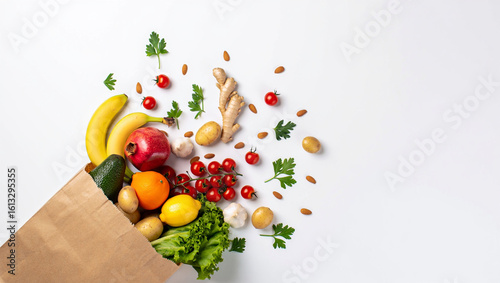 Fresh Organic Groceries in Paper Bag with Healthy Fruits and Vegetables on White Background