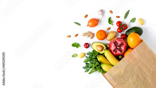 Fresh Organic Groceries in Paper Bag with Healthy Fruits and Vegetables on White Background