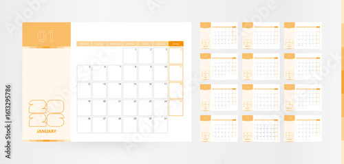 Horizontal planner for the year 2026 in the orange color scheme. The week begins on Monday. A wall calendar in a minimalist style.
