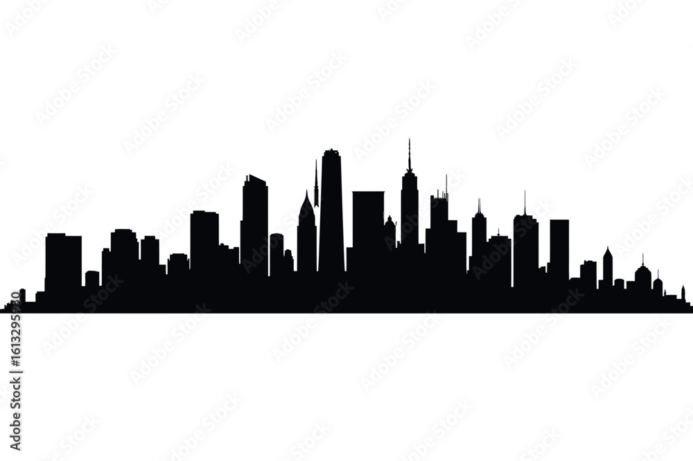 Fototapeta premium Silhouette of a city skyline with various tall buildings against a plain white background view image
