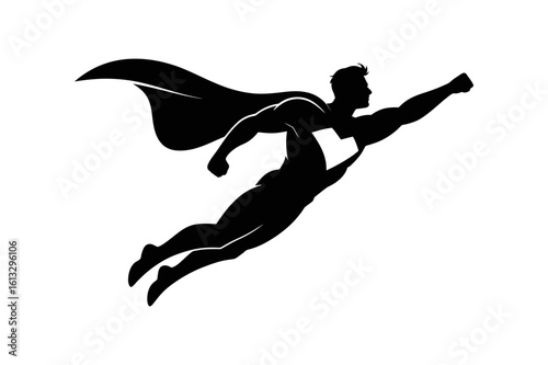 Silhouette of a superhero flying with cape and clenched fist in a dynamic pose against white background