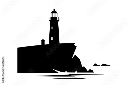 Silhouette of a lighthouse on a cliff overlooking the ocean with waves in a minimalist black and white style