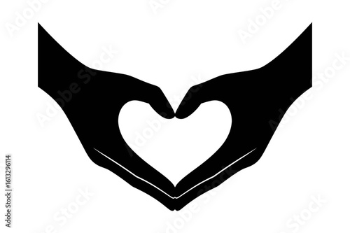 Two hands forming a heart shape in black silhouette against a white background expressing love and care