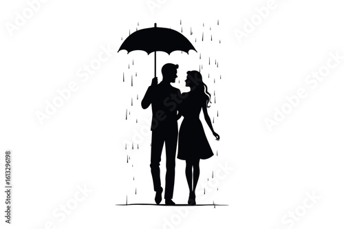 Silhouette of a couple standing under an umbrella in the rain with a white background in the image