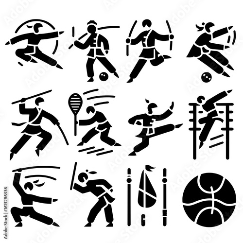 Collection of martial arts poses and sports figures in black silhouette on a white background