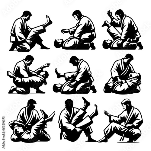 Nine monochrome illustrations depicting grappling martial arts techniques between two practitioners in gis