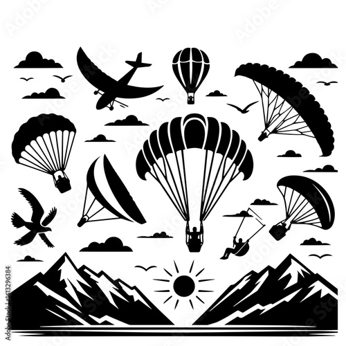 Black and white illustration showing various flying objects over a mountain range with sun and clouds