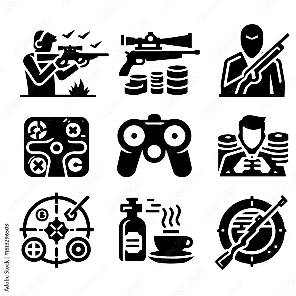 Fototapeta premium Collection of hunting and gaming related icons featuring sniper, money, binoculars and coffee cup items