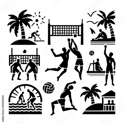 Silhouetted beach volleyball scenes featuring players palm trees and nets in various action poses and settings