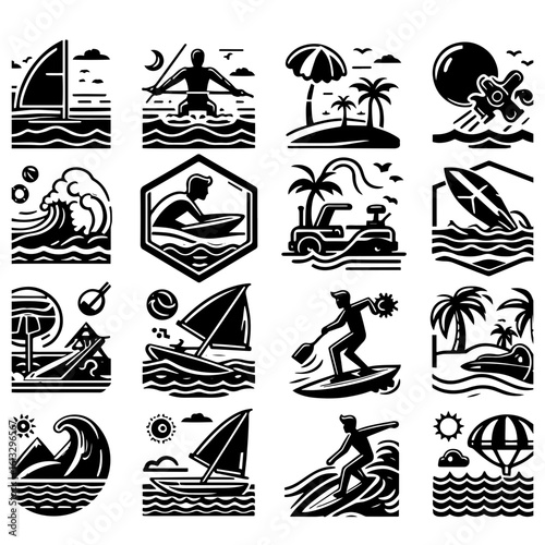 Collection of sixteen black and white summer themed icons featuring water activities and beach scenes design