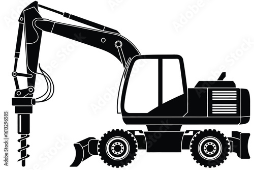 Black and White Illustration of a Wheeled Excavator