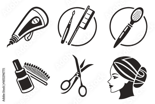 Beauty Salon Icons Hair Dryer Brushes Scissors and Woman.