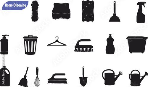 Vector Set of Home Cleaning and Household Tools Silhouettes. Collection of Essential Domestic Equipment Icons for Hygiene, Maintenance, and Daily Chores Isolated on White Background for Design.