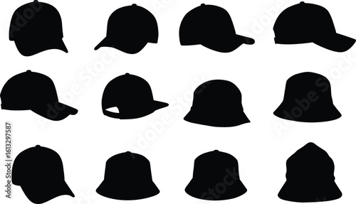 Collection of Vector Silhouettes of Various Hats and Caps: Ideal for Fashion, Apparel, Sports, and Headwear-Themed Designs.
