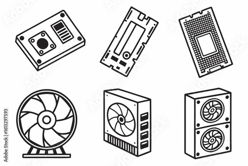 Computer Hardware Components Collection Line Art.