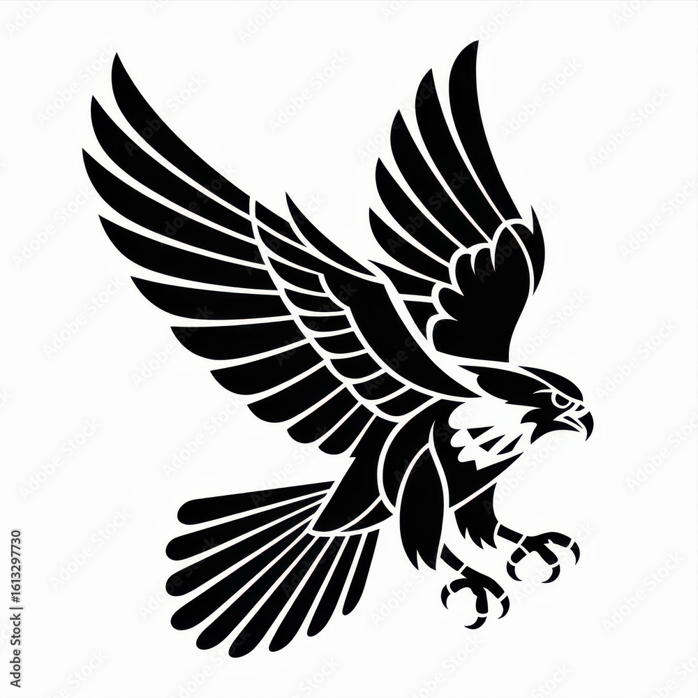 Obraz premium Black and white eagle silhouette in aggressive flight with open claws for tattoo design or logo concept 