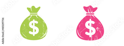 Vector illustration of two money bags representing financial themes such as income savings and investment opportunities featuring green and pink colors