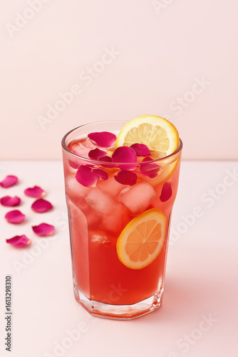 Refreshing summer iced tea with lemon slices and rose petals in a glass against a soft pink background
