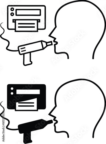 Spirometry Icons. Black And White Vector Illustration. Method Of Studying The Lungs And Bronchi. Human Head And Medical Device. Lung Disease Concept
