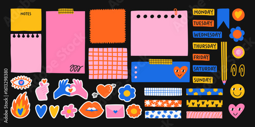 Vector cute illustration of a set of notes,  stickers, paper blanks with place for text. Hand drawn collection for reminders, to do list, planner, schedule.