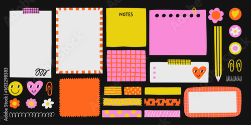 Vector cute illustration of a set of notes,  stickers, paper blanks with place for text. Hand drawn collection for reminders, to do list, planner, schedule.