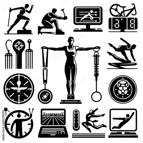 Collection of diverse sports and athletic activities represented in black and white icons and symbols
