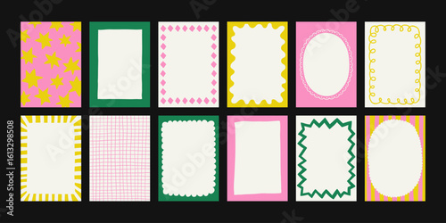 Set of hand-drawn frames with wavy squiggle curly ribbons and backgrounds with hand-drawn borders, abstract wavy lines retro-inspired patterns. For invitations, posters, social media templates
