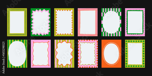 Set of hand-drawn frames with wavy squiggle curly ribbons and backgrounds with hand-drawn borders, abstract wavy lines retro-inspired patterns. For invitations, posters, social media templates
