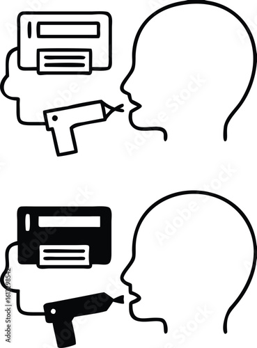 Spirometry Icons. Black And White Vector Illustration. Method Of Studying The Lungs And Bronchi. Human Head And Medical Device. Lung Disease Concept
