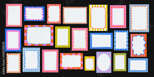 Set of hand-drawn frames with wavy squiggle curly ribbons and backgrounds with hand-drawn borders, abstract wavy lines retro-inspired patterns. For invitations, posters, social media templates
