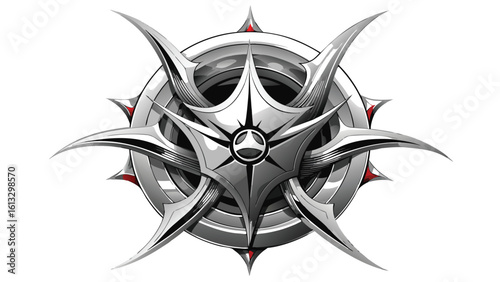 A detailed metallic emblem design featuring dynamic spiked elements and geometric aesthetics suitable for graphics and branding.