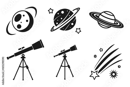 Space Exploration Icons Planets Telescopes and Stars.