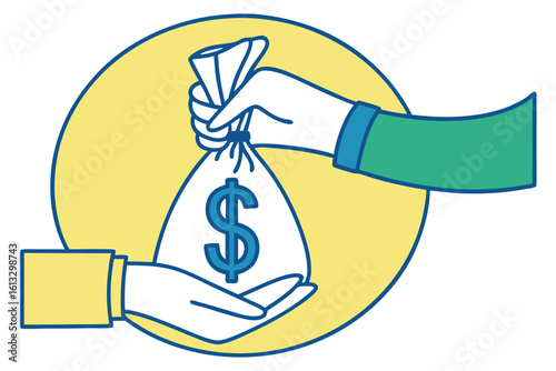 Hand with green sleeve gives white money bag to another hand with yellow sleeve