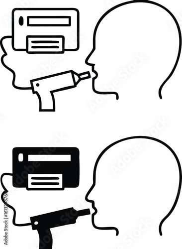 Spirometry Icons. Black And White Vector Illustration. Method Of Studying The Lungs And Bronchi. Human Head And Medical Device. Lung Disease Concept
