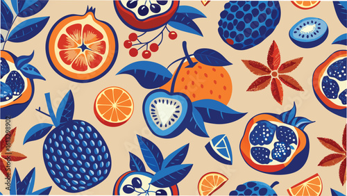A vibrant seamless pattern featuring stylized fruits in shades of blue orange and red with transparency for versatile design uses