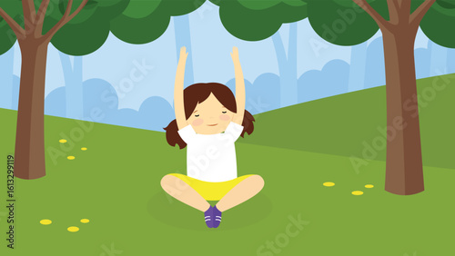 Little girl doing yoga in the park. Vector illustration in flat style