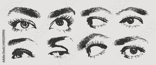 Female grunge eyes. Trendy vector pieces. Creative collage for social media, card, print on clothes. 