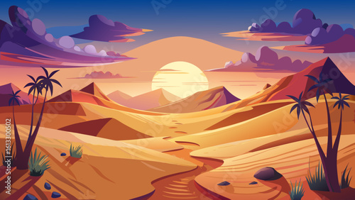 In the serene desert landscape with footprints at sunset, gentle wind shapes the dunes. A semi-realistic vector scene captures the quiet magic of this moment, where each step echoes timeless solitude.