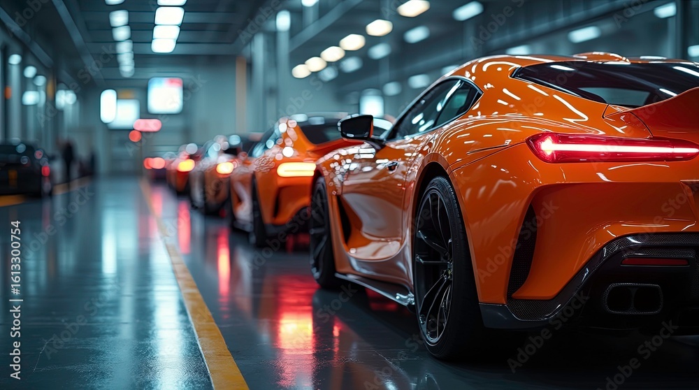 A bright orange sports car is displayed in a modern showroom, ready for inspection and test drive, 3d render A bright orange sports car is displayed in a modern showroom, ready for inspection and test drive, 3d render