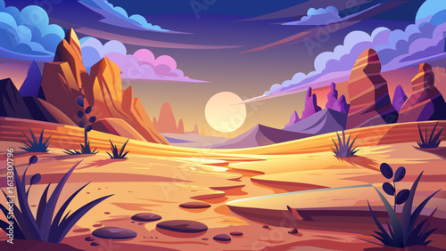 In the serene desert landscape with footprints at sunset, gentle wind shapes the dunes. A semi-realistic vector scene captures the quiet magic of this moment, where each step echoes timeless solitude.
