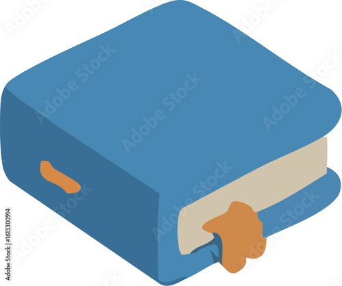 An isometric illustration of a closed blue book with an orange bookmark.