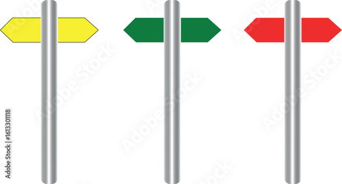Road signs pointing directions in yellow, green, and red for navigation and travel planning