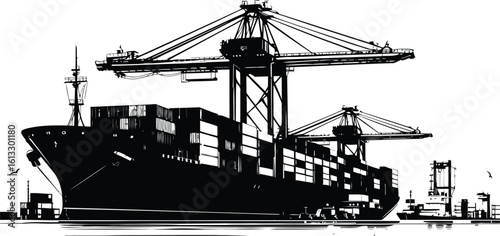 Silhouette Vector Illustration of Cargo Ships and Industrial Port with Cranes, Containers, and Dockyard on White Background